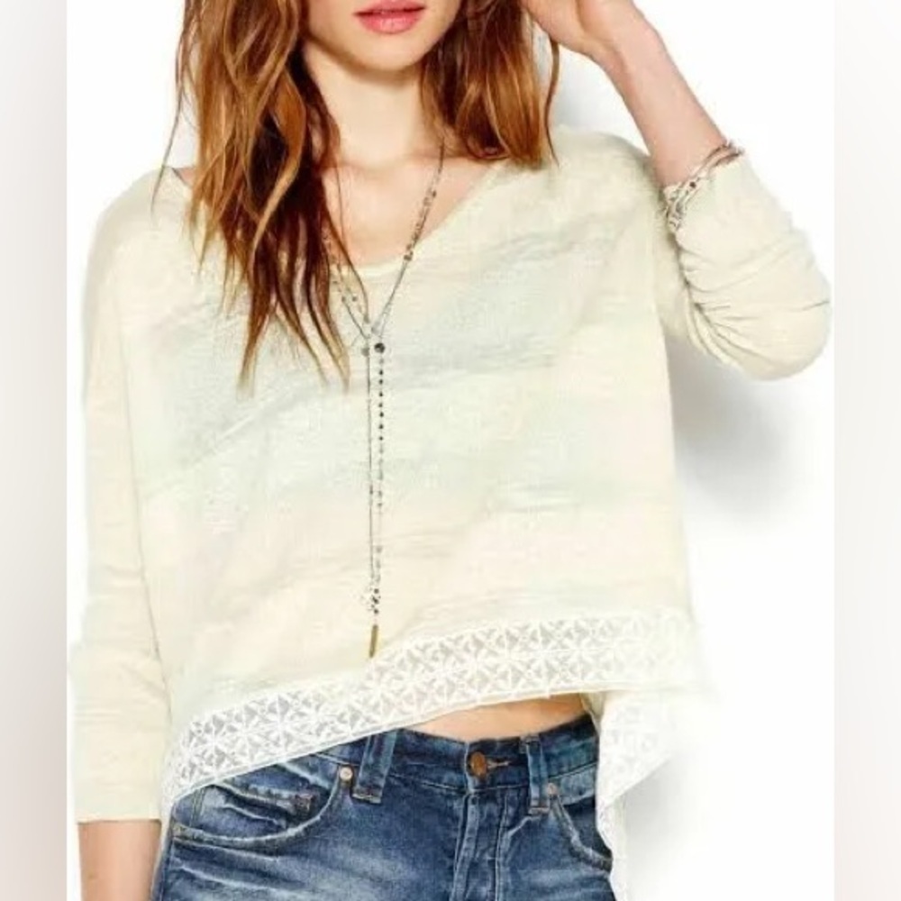 FREE PEOPLE Pebble Dash Envelope Open Back Top Lace Trim Flowy Striped Knit​